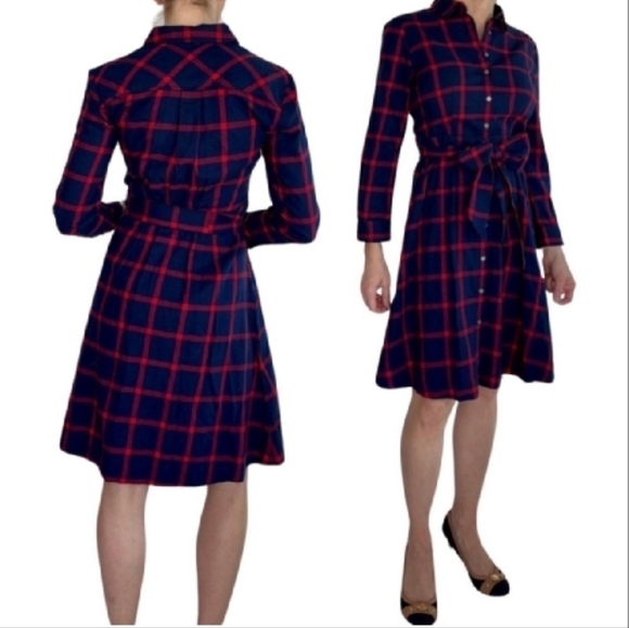 J. Crew Navy and Red Plaid Long Sleeve Dress - Picture 2 of 11